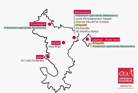 Carte de Mayotte avec implantation des dispositifs Apprentis d'Auteuil